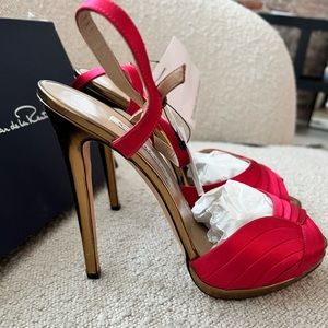 Oscar de la Renta Pink Satin and Gold High Heels - New with Tags